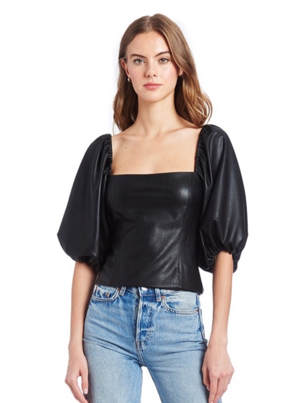 Amanda Uprichard Black faux leather Puff Sleeve Blouse